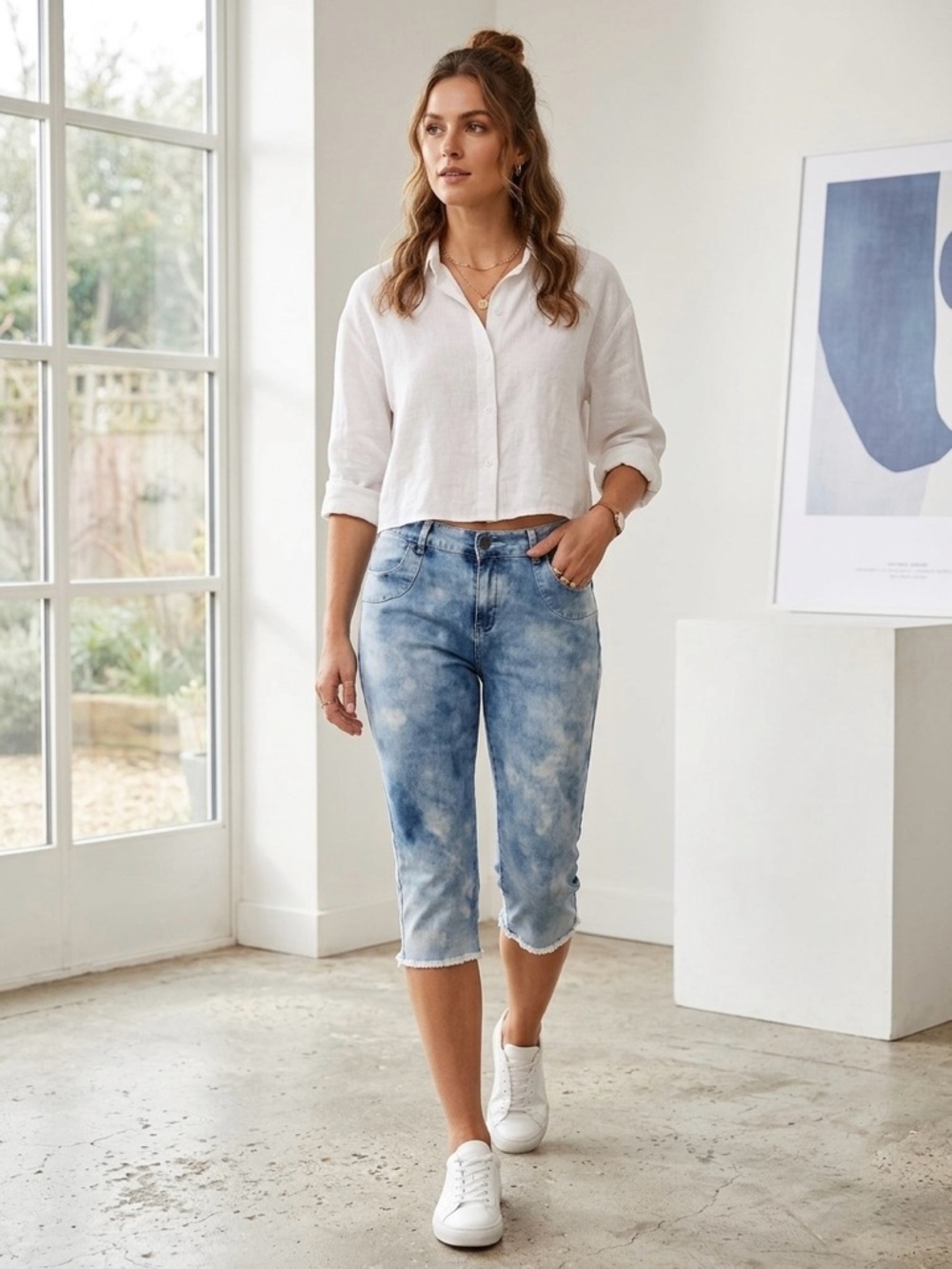 American Quality Denim Tie-Dye Cropped Capri Jeans - Light Blue Wash